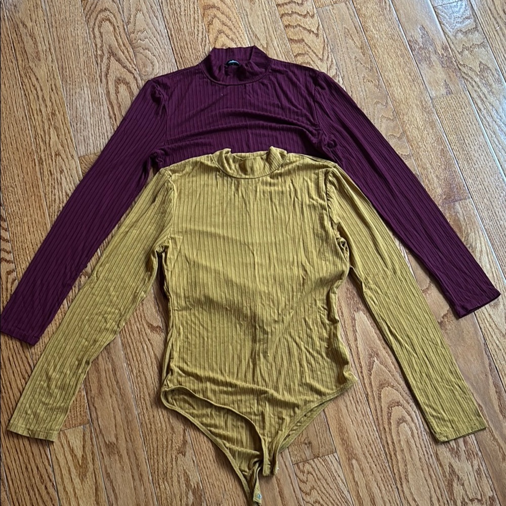 Ribbed Long Sleeve Bodysuit Set - Mustard and Burgundy
